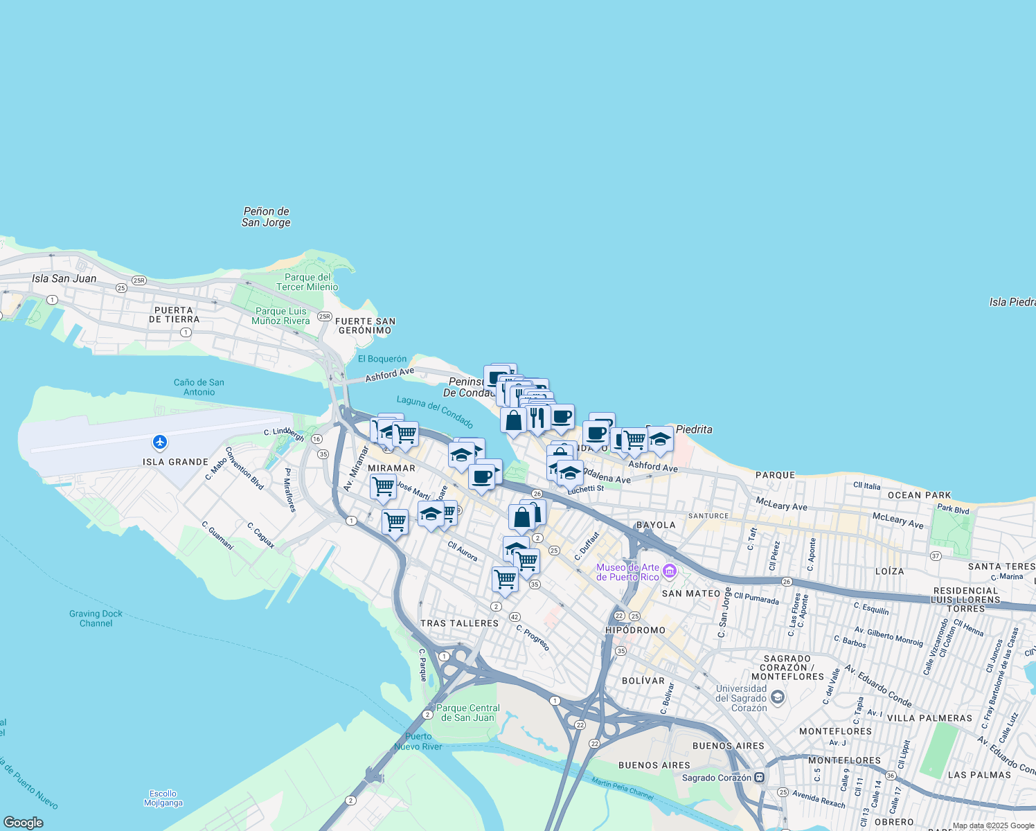 map of restaurants, bars, coffee shops, grocery stores, and more near in San Juan