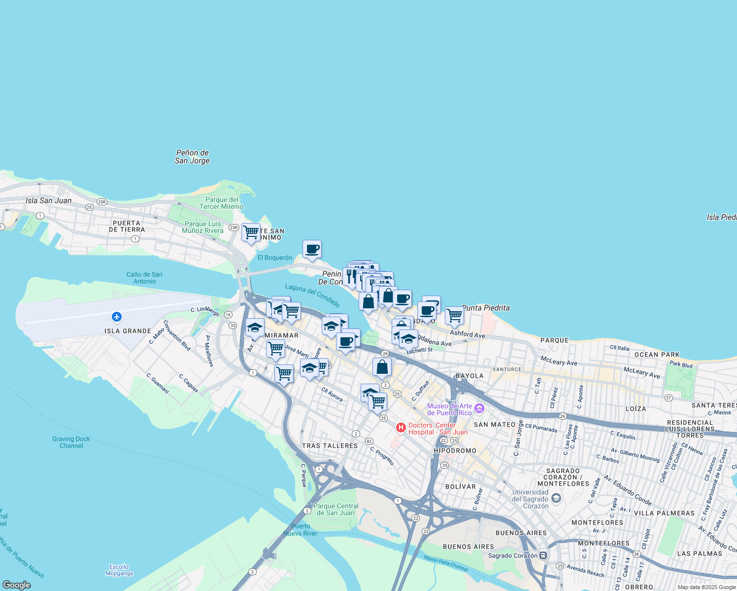 map of restaurants, bars, coffee shops, grocery stores, and more near 53 Calle Aguadilla in San Juan