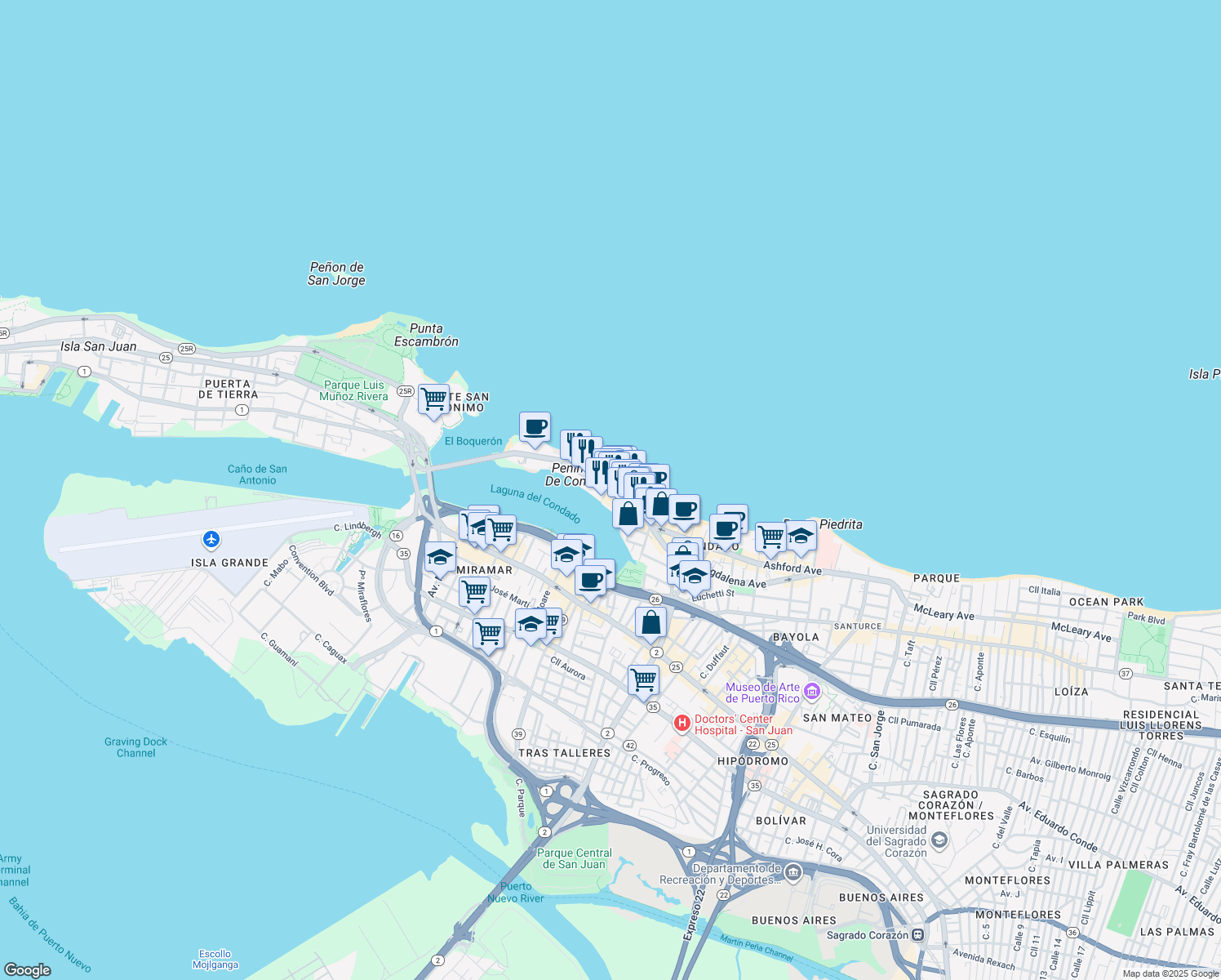map of restaurants, bars, coffee shops, grocery stores, and more near 1045 Ashford Avenue in San Juan