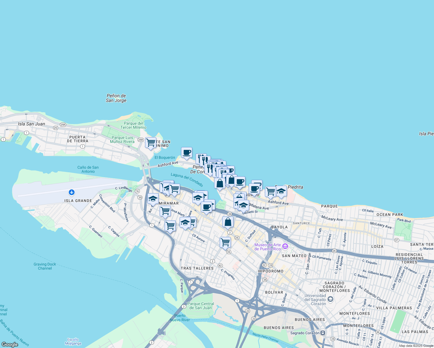 map of restaurants, bars, coffee shops, grocery stores, and more near 1045 Ashford Avenue in San Juan