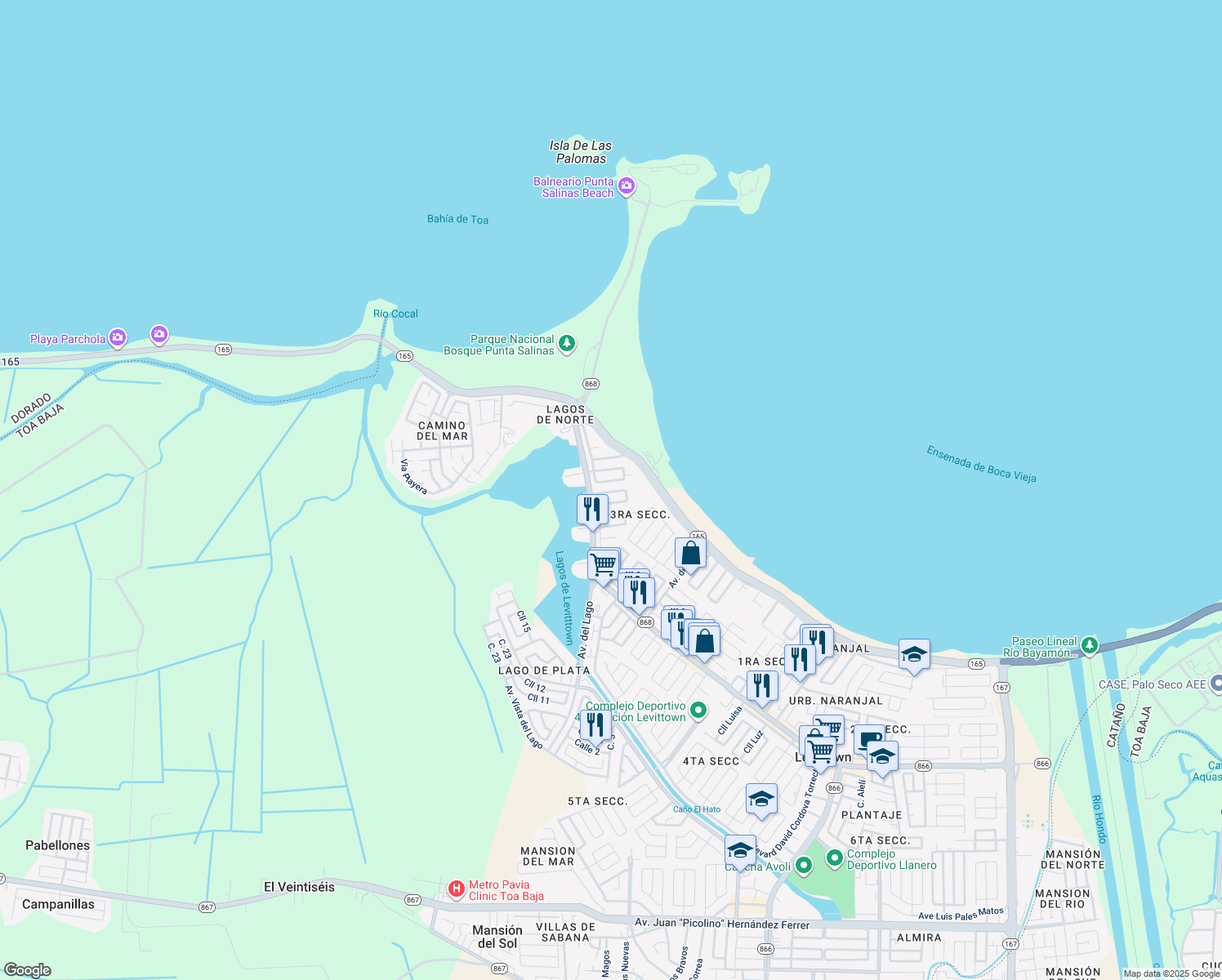 map of restaurants, bars, coffee shops, grocery stores, and more near in Toa Baja