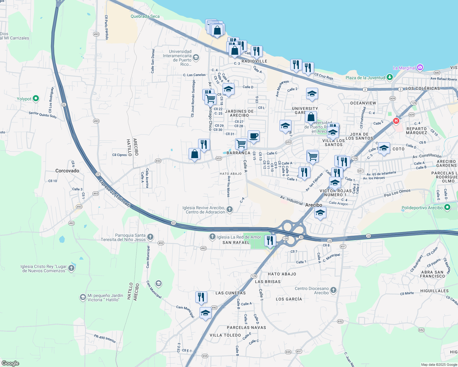 map of restaurants, bars, coffee shops, grocery stores, and more near in Arecibo