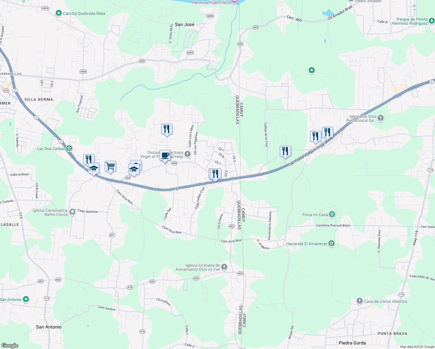 map of restaurants, bars, coffee shops, grocery stores, and more near Highway 2 in Quebradillas