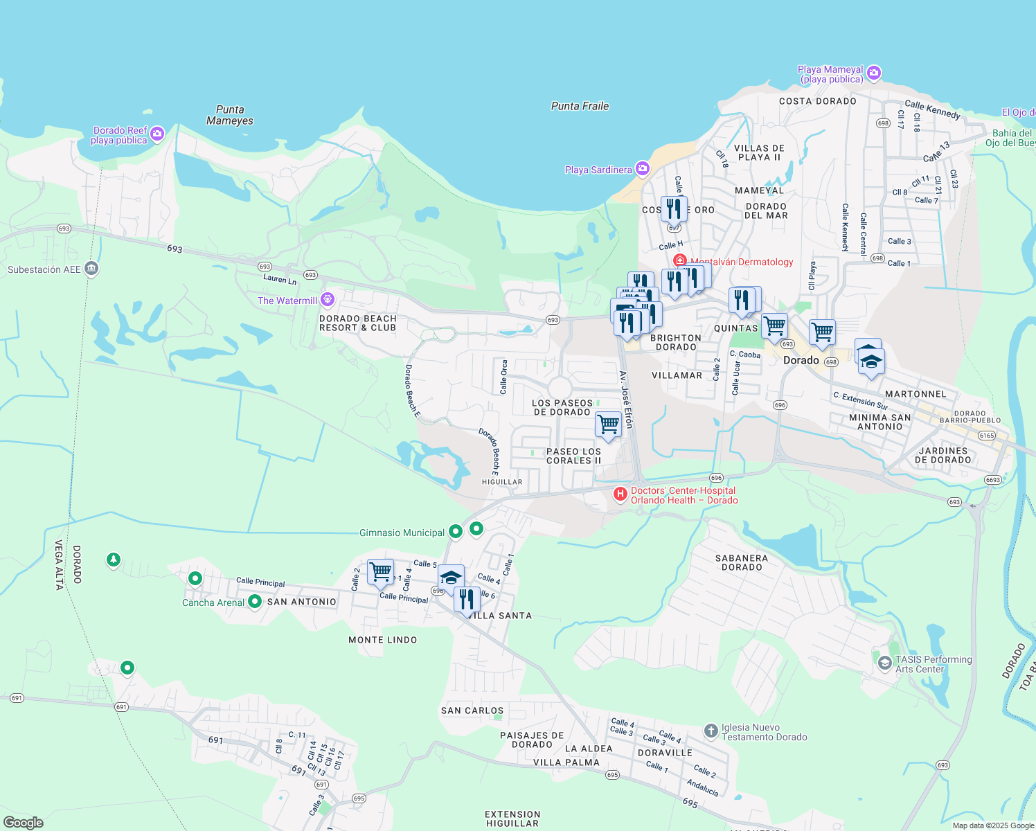 map of restaurants, bars, coffee shops, grocery stores, and more near Calle Thebe in Dorado