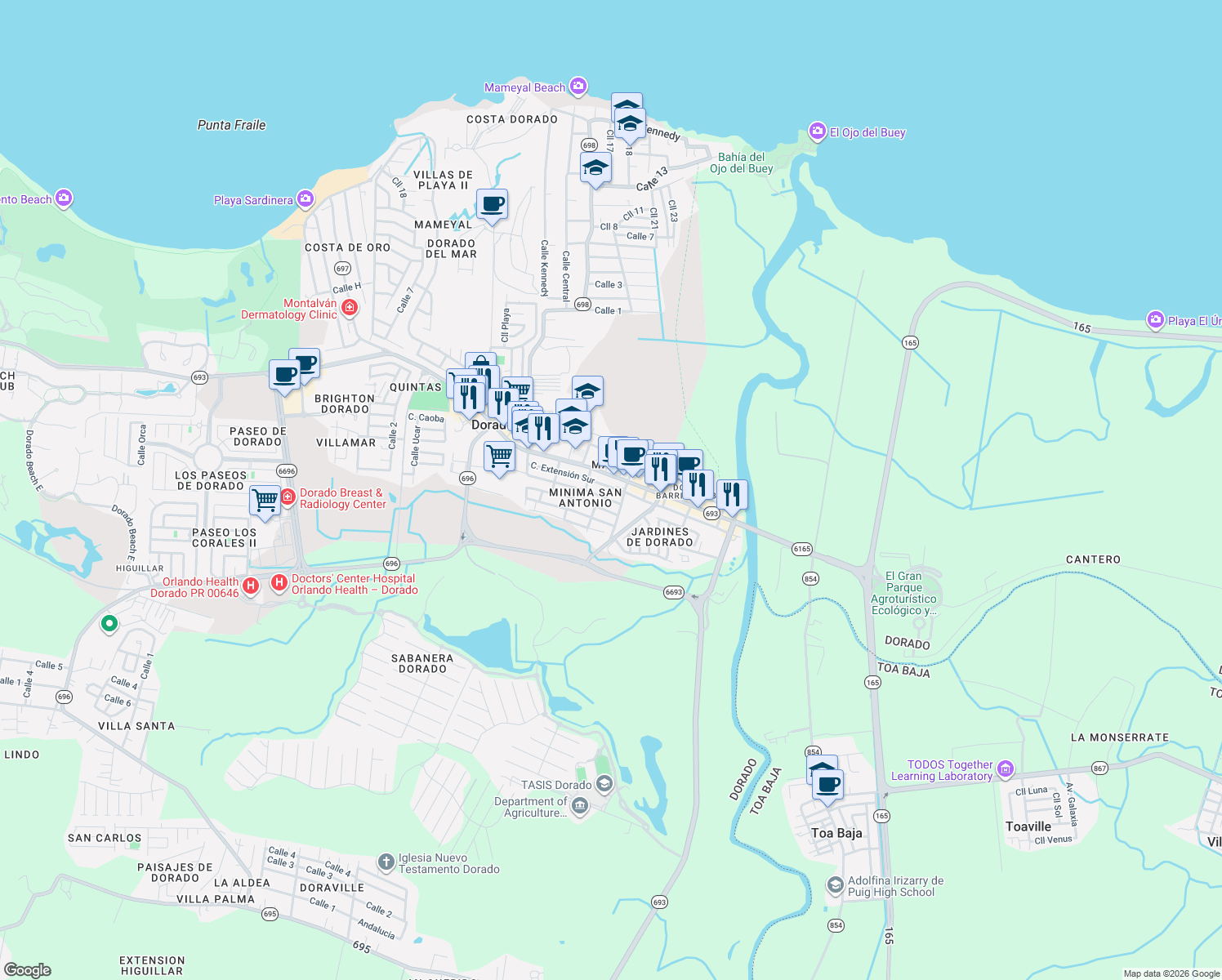 map of restaurants, bars, coffee shops, grocery stores, and more near 346 Calle Méndez Vigo in Dorado