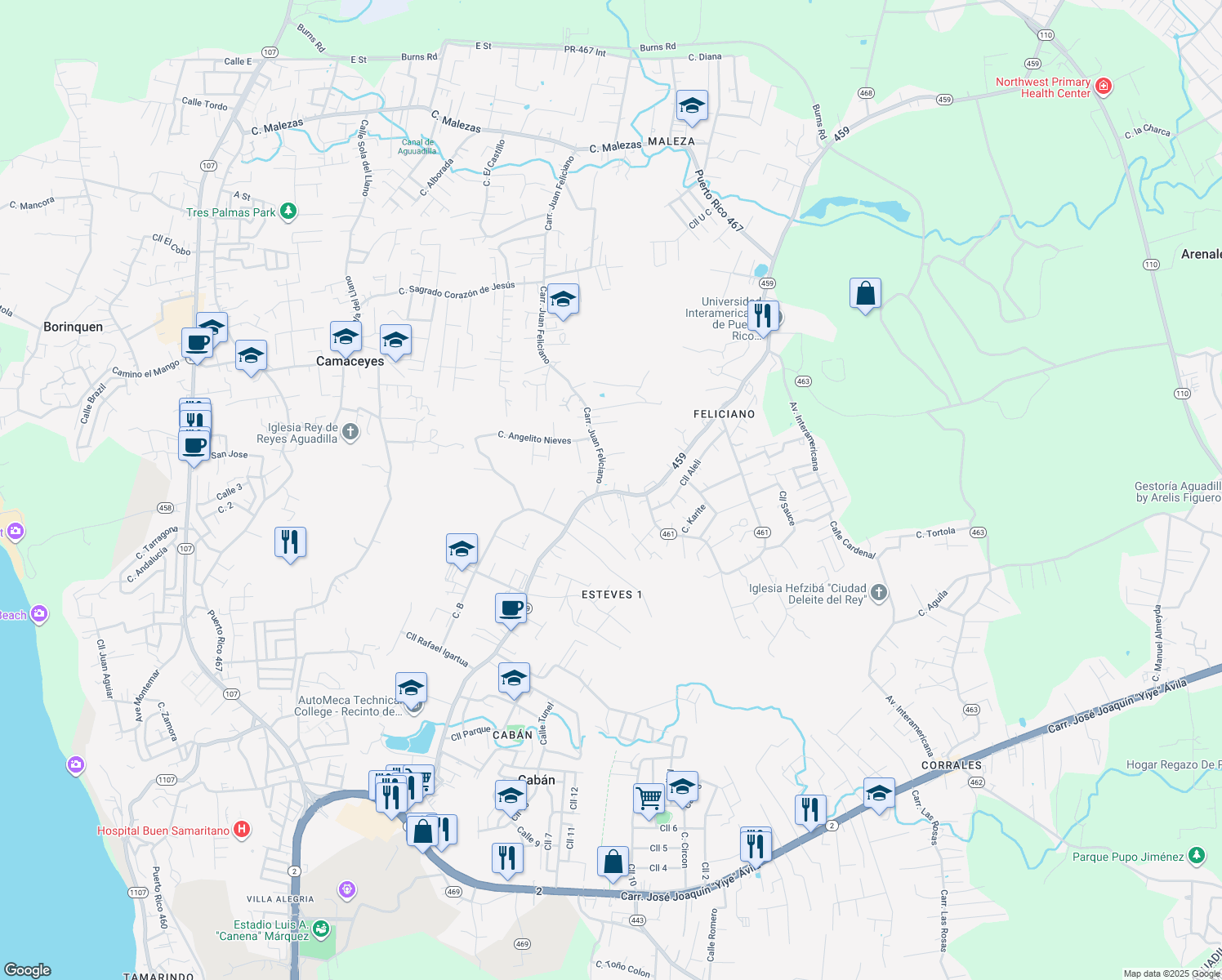map of restaurants, bars, coffee shops, grocery stores, and more near Carretera Juan Feliciano in Aguadilla