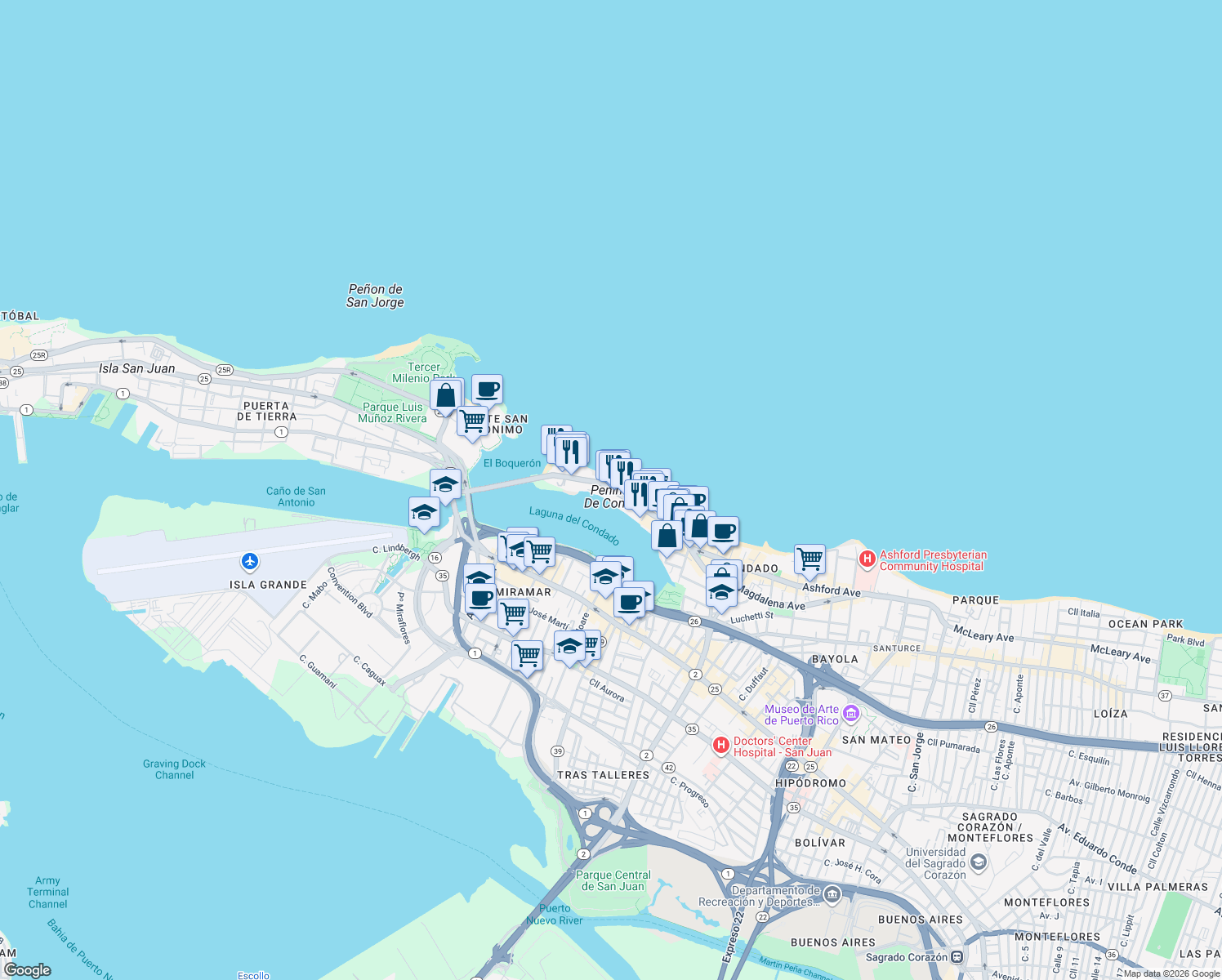 map of restaurants, bars, coffee shops, grocery stores, and more near 1019 Ashford Avenue in San Juan
