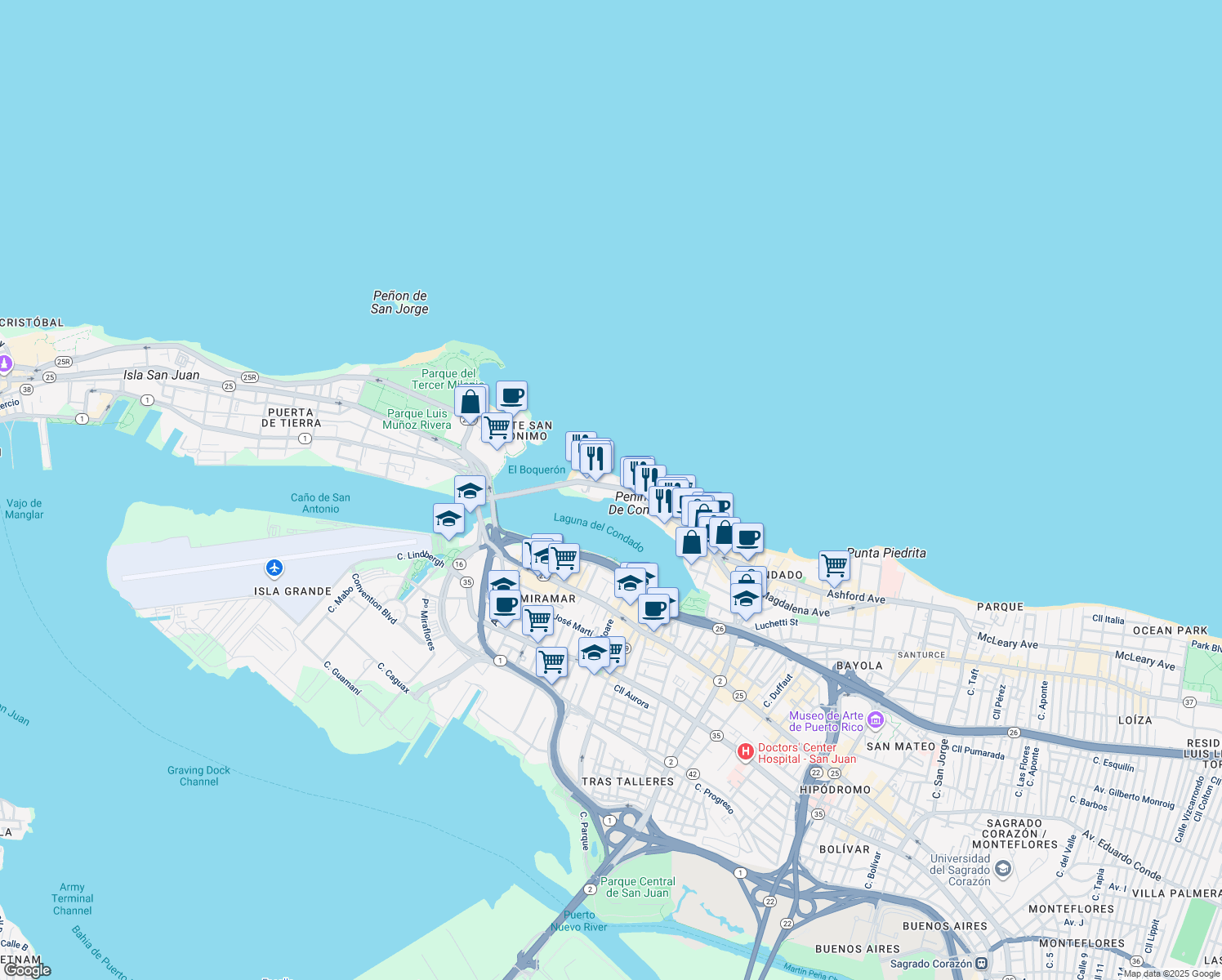 map of restaurants, bars, coffee shops, grocery stores, and more near 1019 Ashford Avenue in San Juan