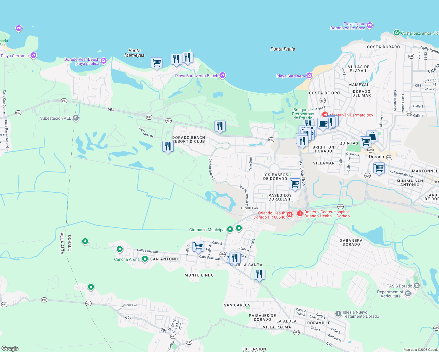 map of restaurants, bars, coffee shops, grocery stores, and more near 370 Dorado Beach East in Dorado