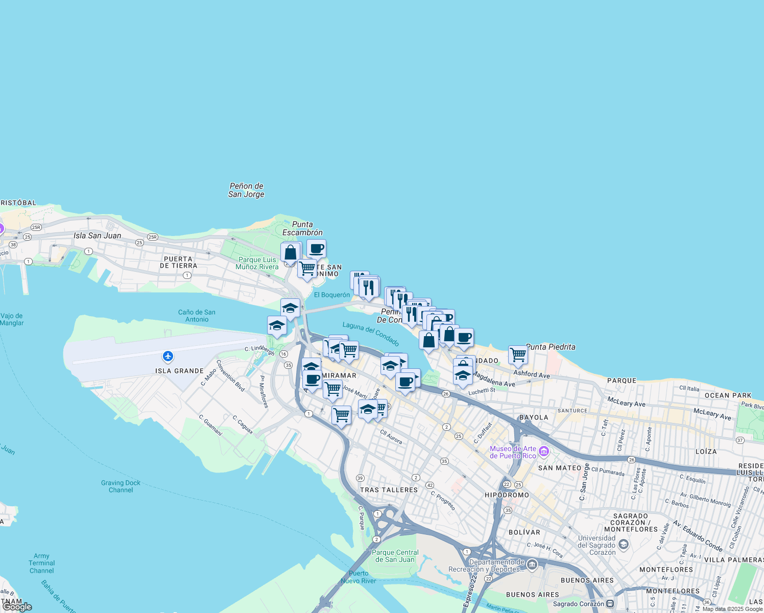 map of restaurants, bars, coffee shops, grocery stores, and more near 1019 Ashford Avenue in San Juan