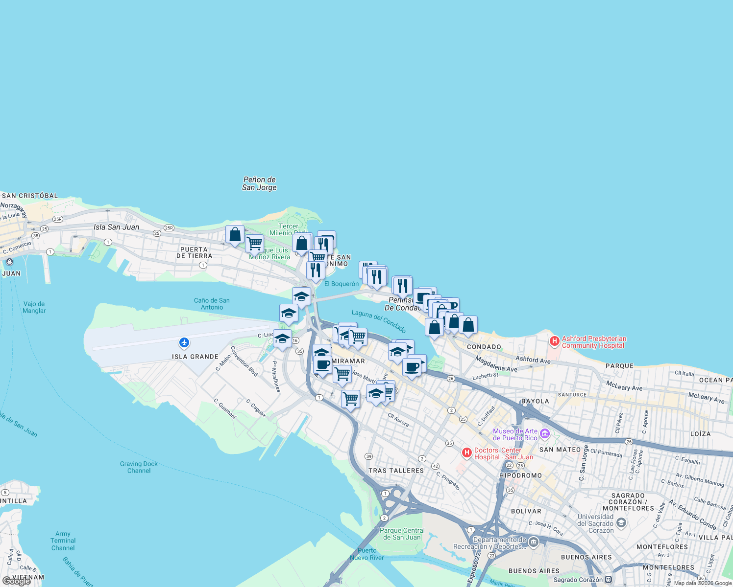map of restaurants, bars, coffee shops, grocery stores, and more near in San Juan