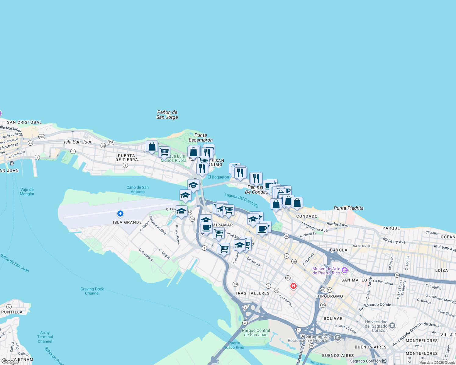 map of restaurants, bars, coffee shops, grocery stores, and more near in San Juan