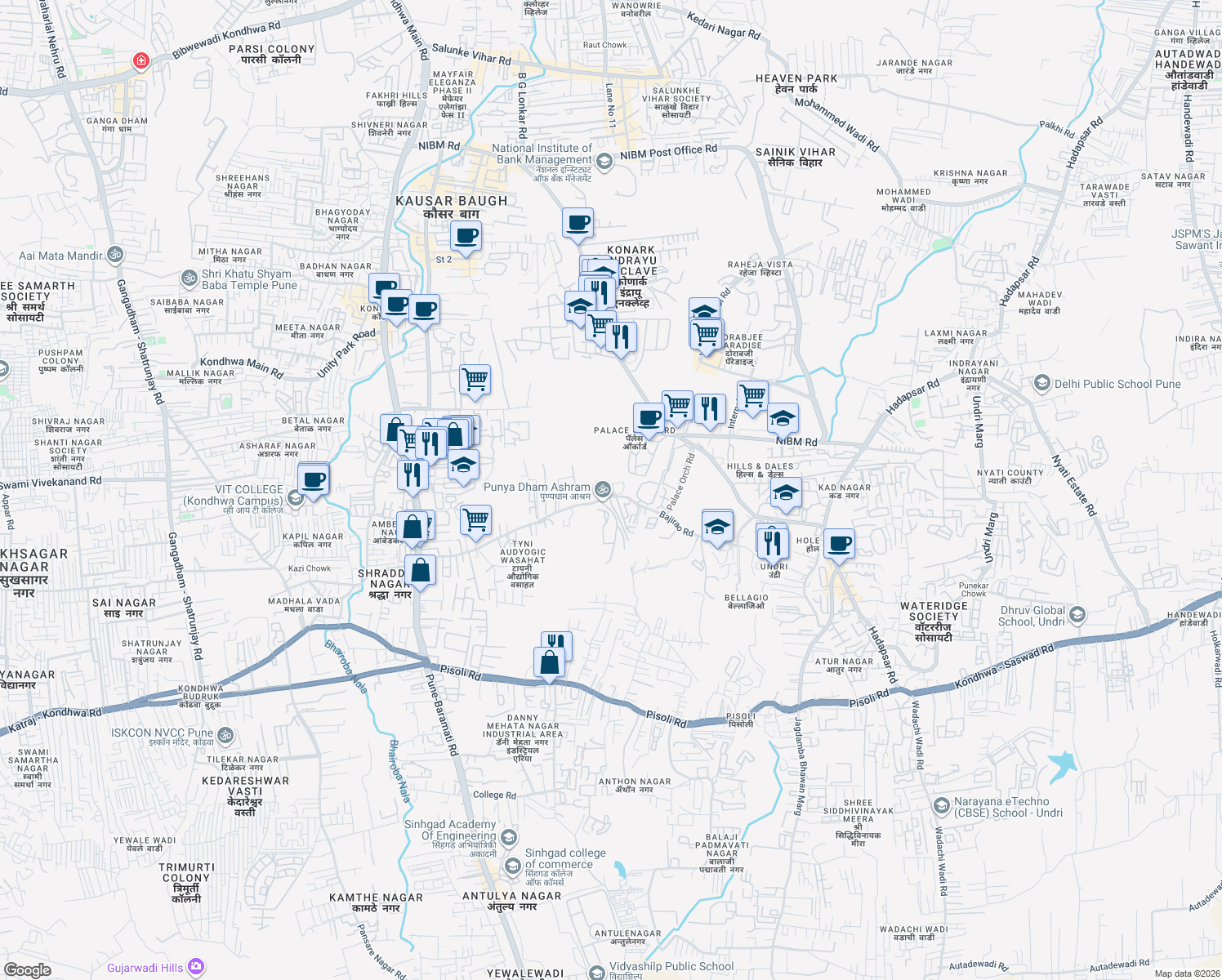 map of restaurants, bars, coffee shops, grocery stores, and more near Punyadham Ashram Road in Pune