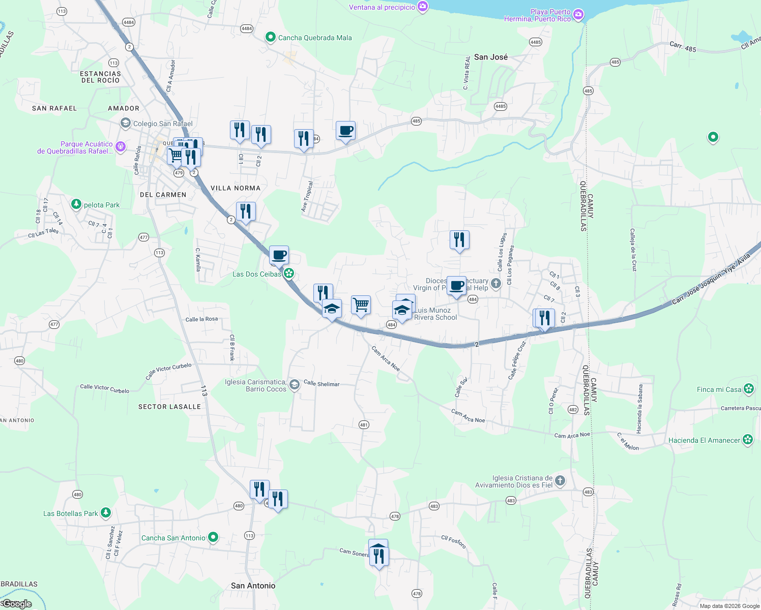 map of restaurants, bars, coffee shops, grocery stores, and more near Puerto Rico 484 in Cocos