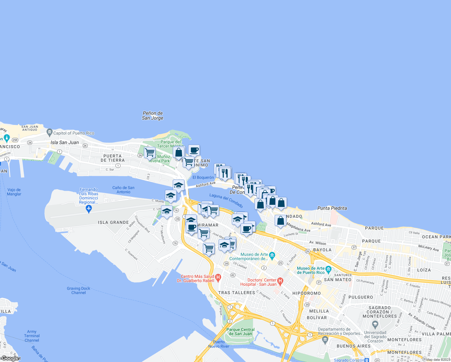 map of restaurants, bars, coffee shops, grocery stores, and more near 999 Avenida Ashford in San Juan