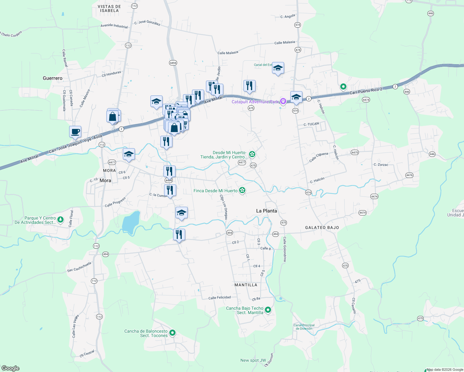 map of restaurants, bars, coffee shops, grocery stores, and more near in La Planta