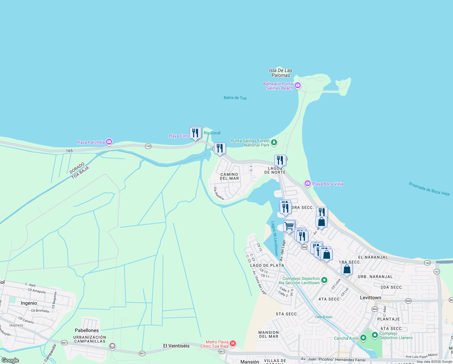 map of restaurants, bars, coffee shops, grocery stores, and more near in Sabana Seca
