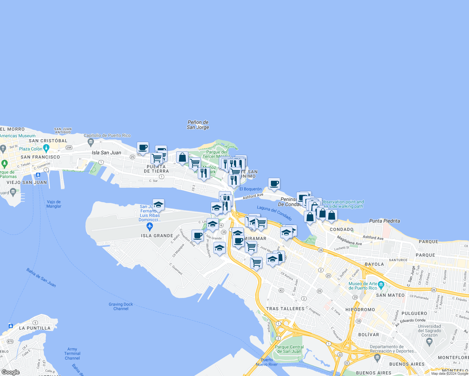 map of restaurants, bars, coffee shops, grocery stores, and more near 5 Avenida Luis Muñoz Rivera in San Juan