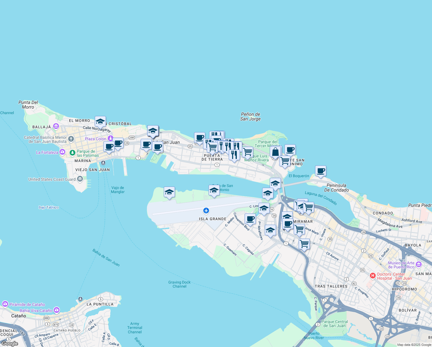 map of restaurants, bars, coffee shops, grocery stores, and more near in San Juan