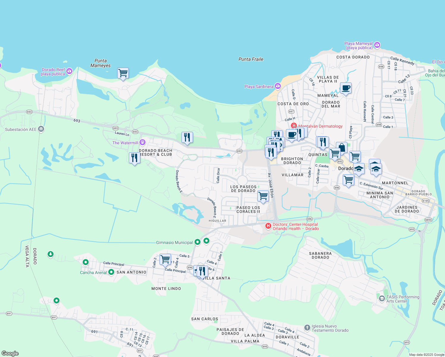 map of restaurants, bars, coffee shops, grocery stores, and more near Calle Thebe in Dorado