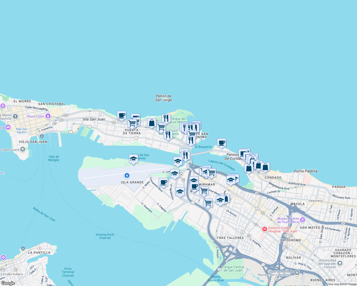 map of restaurants, bars, coffee shops, grocery stores, and more near Calle Del Tren in San Juan