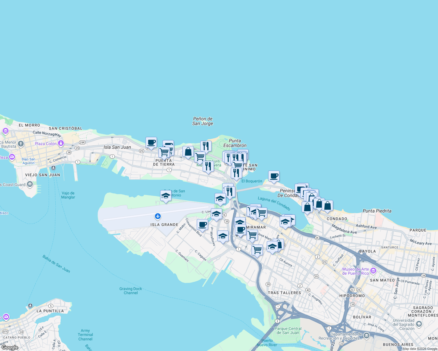 map of restaurants, bars, coffee shops, grocery stores, and more near Calle Del Tren in San Juan