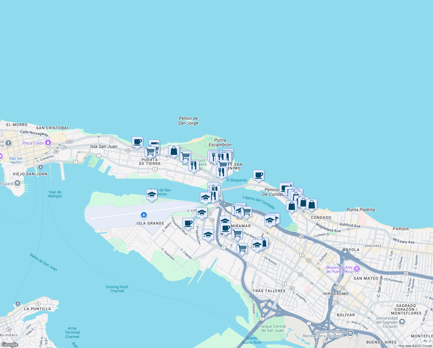 map of restaurants, bars, coffee shops, grocery stores, and more near in San Juan