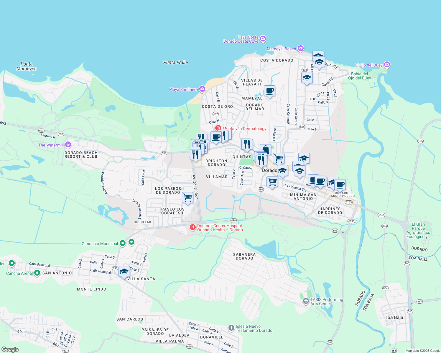 map of restaurants, bars, coffee shops, grocery stores, and more near Calle Almendro in Dorado