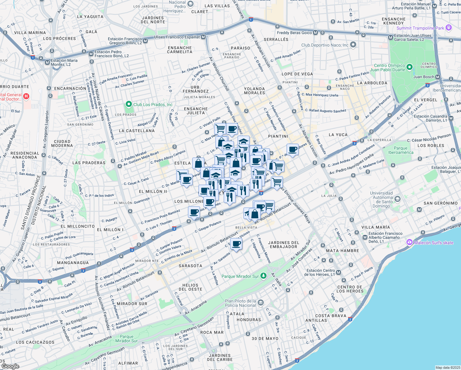map of restaurants, bars, coffee shops, grocery stores, and more near Calle Paseo de los Guaricano in Santo Domingo