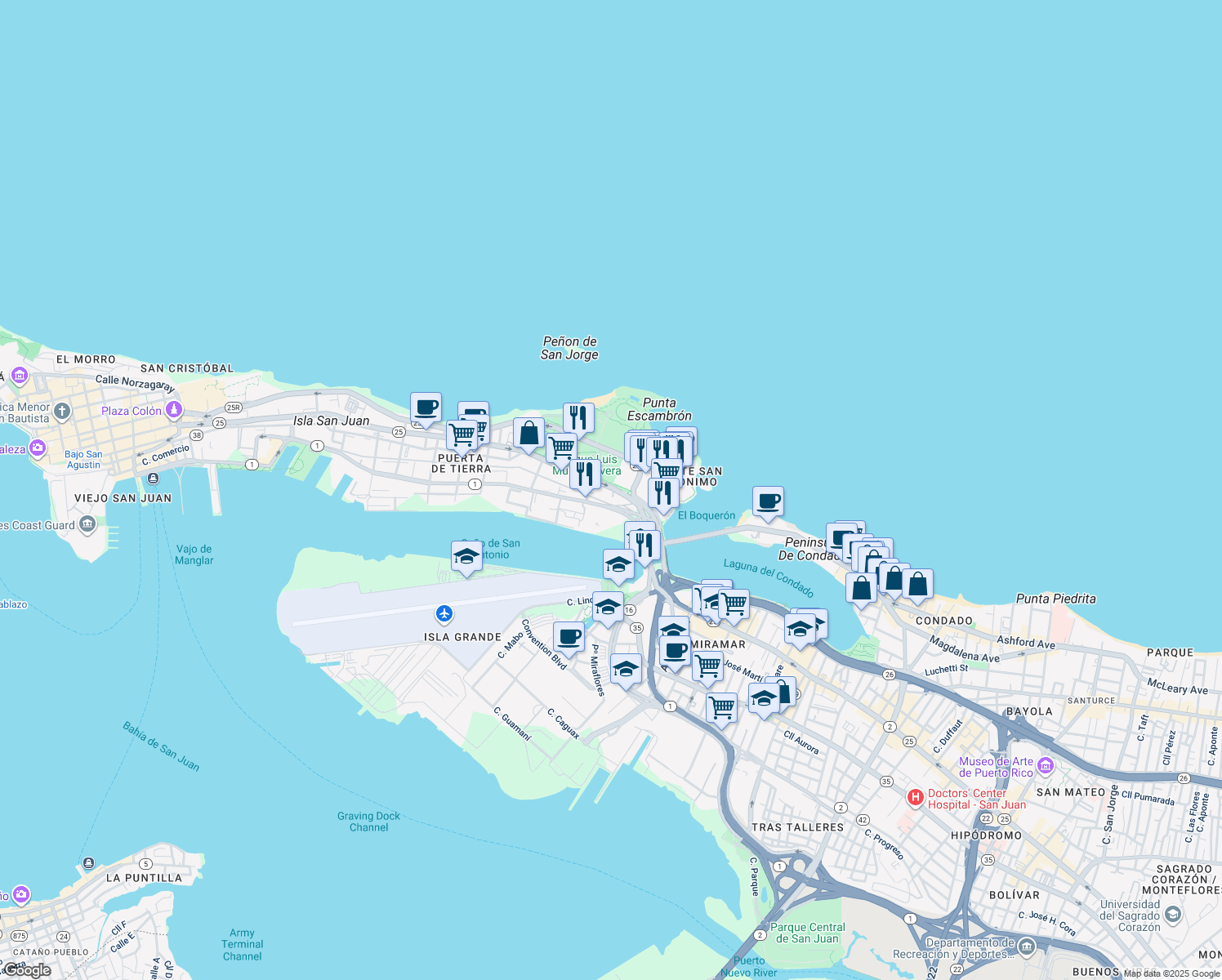 map of restaurants, bars, coffee shops, grocery stores, and more near Calle Del Tren in San Juan