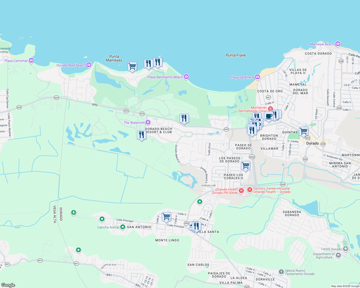 map of restaurants, bars, coffee shops, grocery stores, and more near Unnamed Road in Dorado