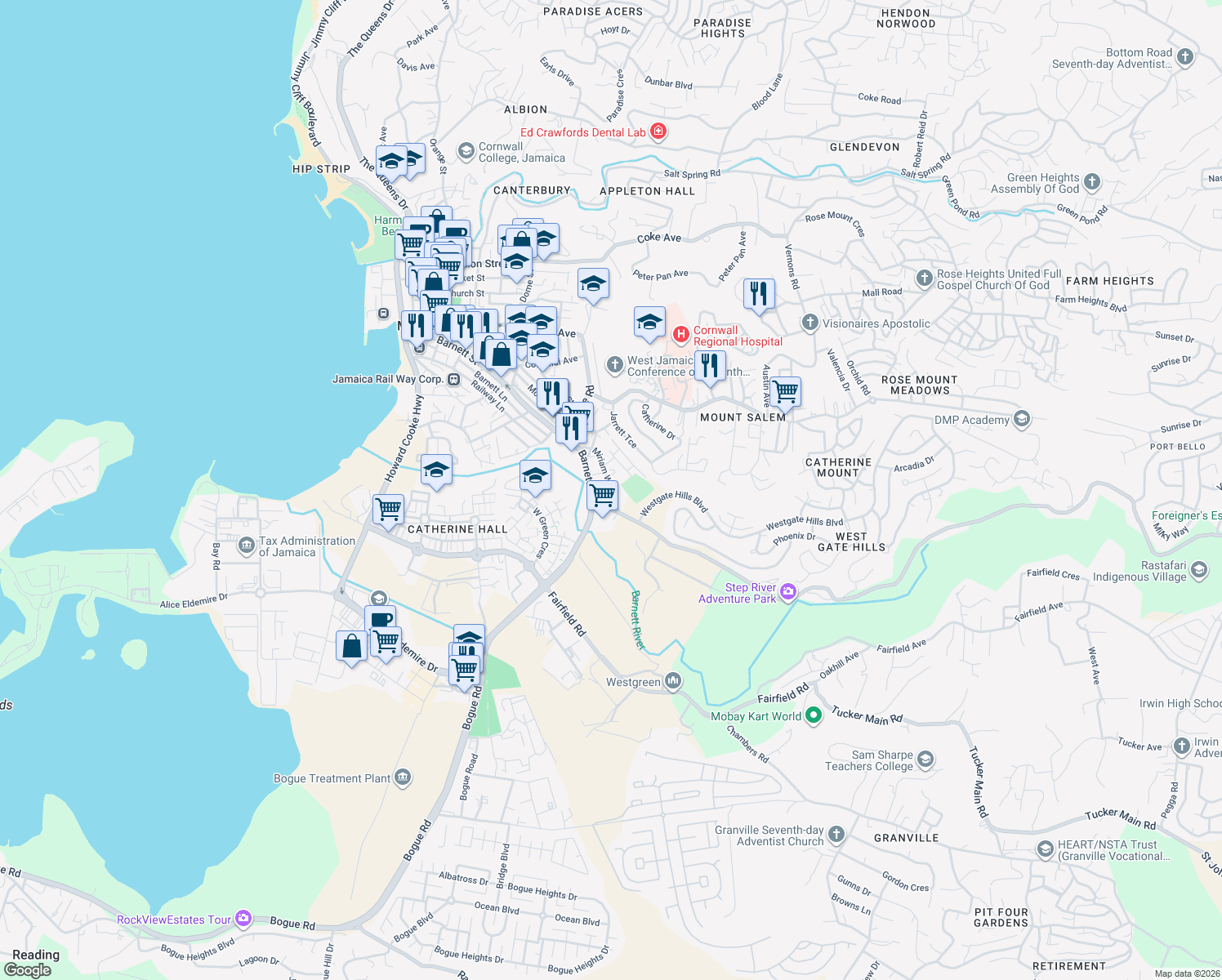 map of restaurants, bars, coffee shops, grocery stores, and more near Miriam Way in Montego Bay