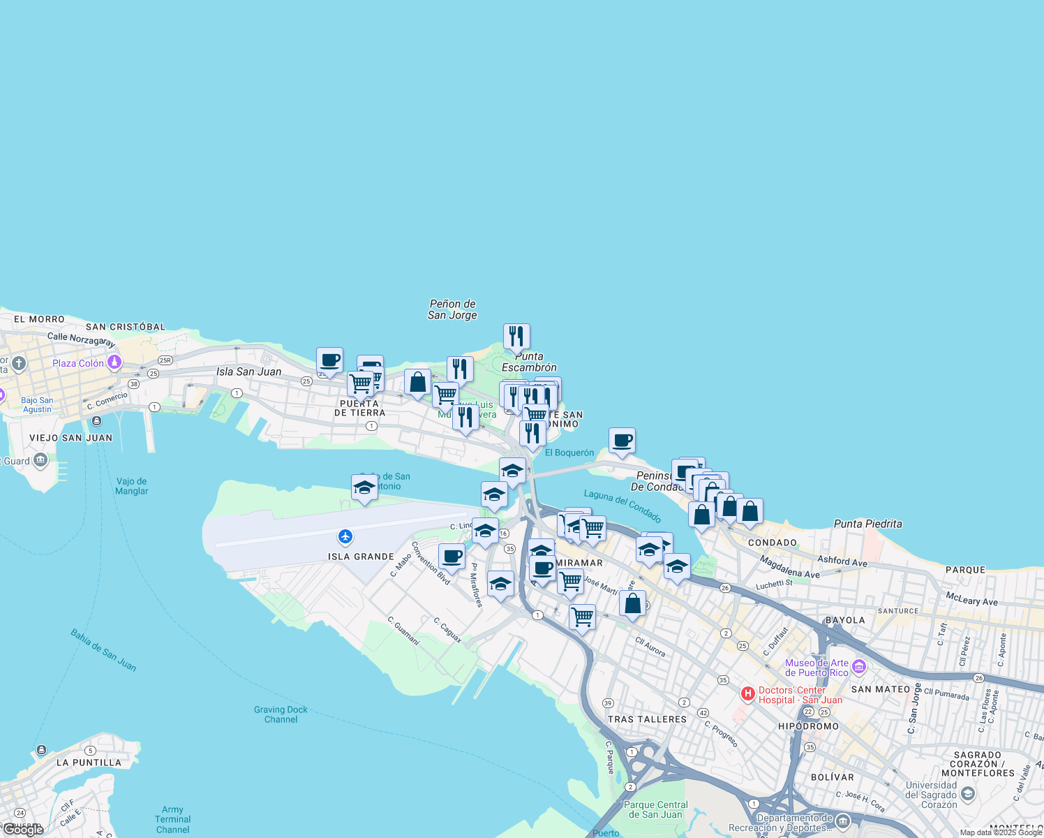 map of restaurants, bars, coffee shops, grocery stores, and more near Calle Los Rosales in San Juan