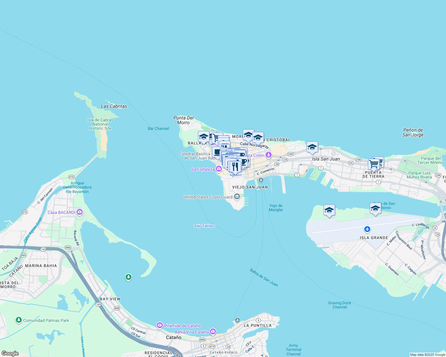 map of restaurants, bars, coffee shops, grocery stores, and more near 101-103 Paseo de la Princesa in San Juan