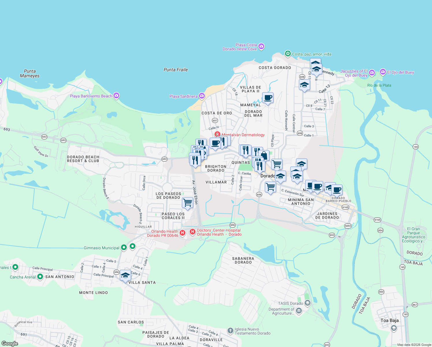 map of restaurants, bars, coffee shops, grocery stores, and more near in Dorado
