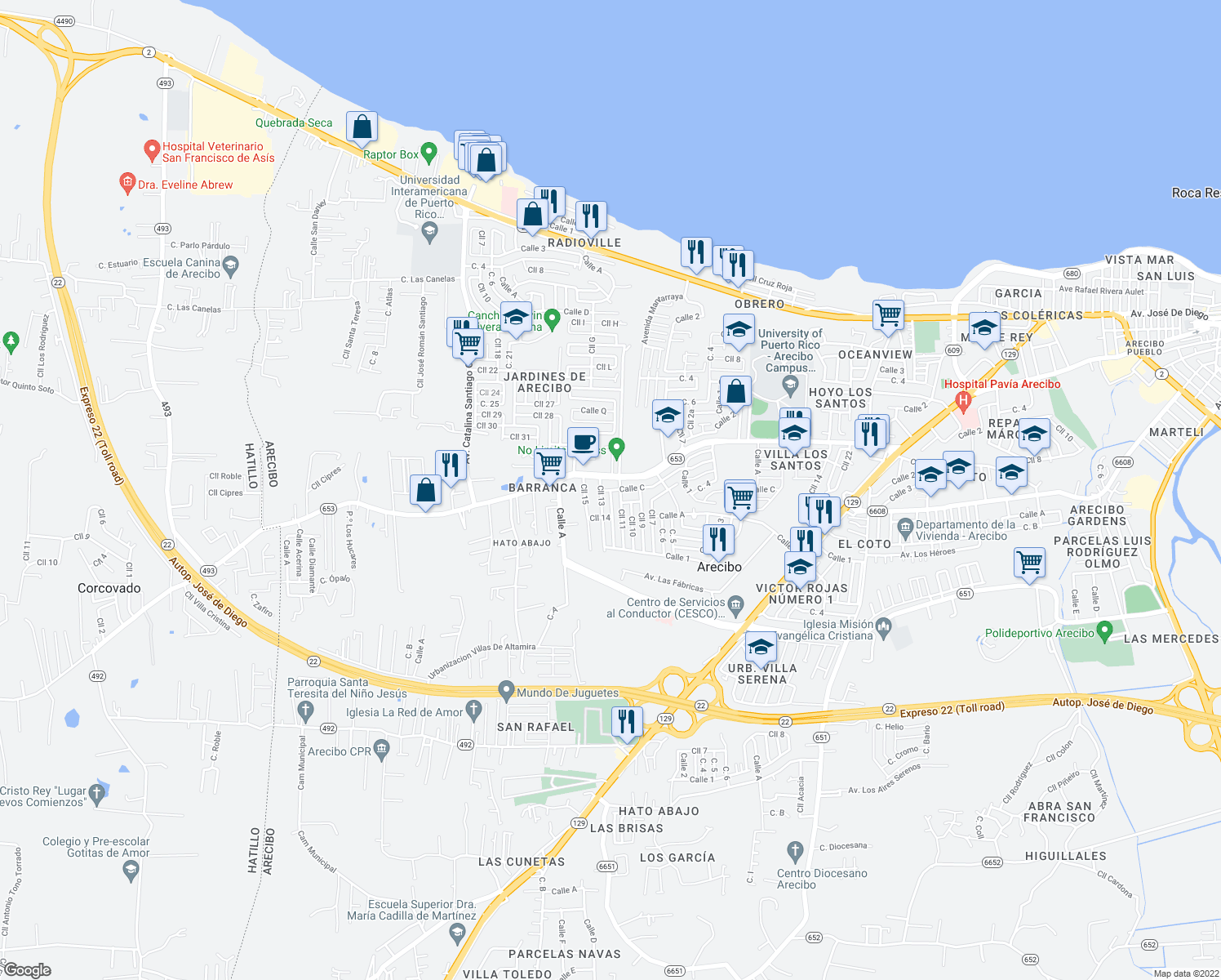 map of restaurants, bars, coffee shops, grocery stores, and more near Calle 12 in Arecibo