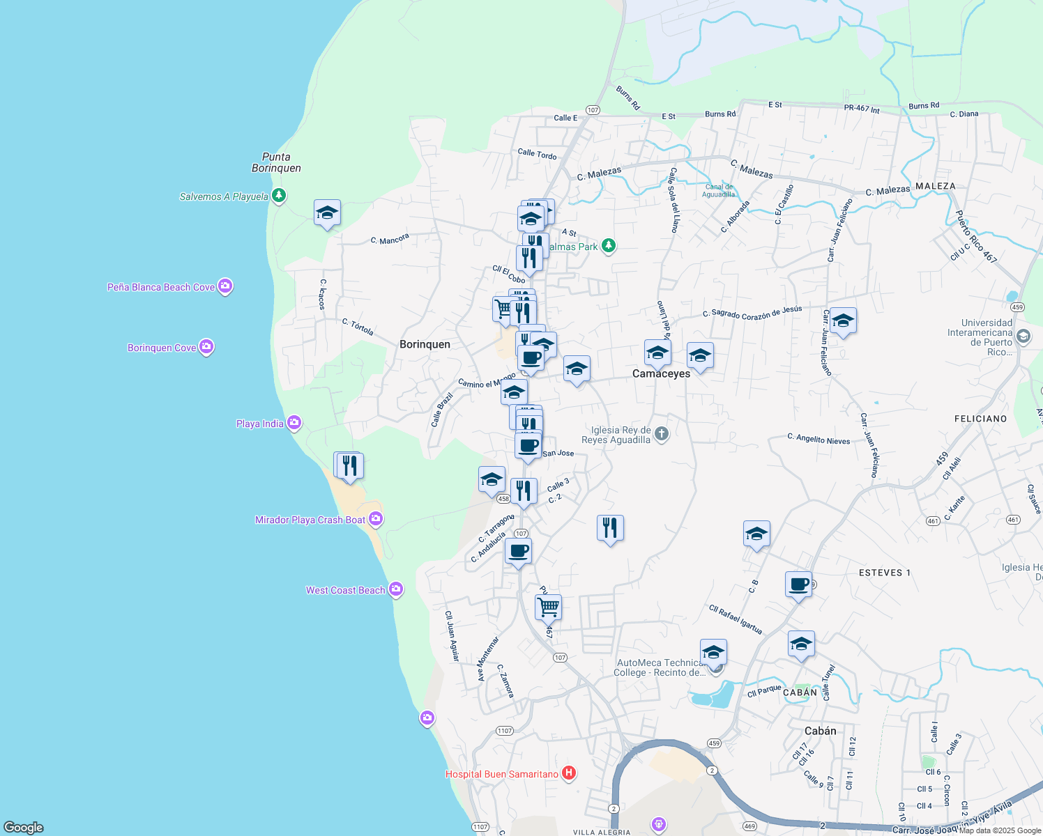 map of restaurants, bars, coffee shops, grocery stores, and more near 107 in Aguadilla