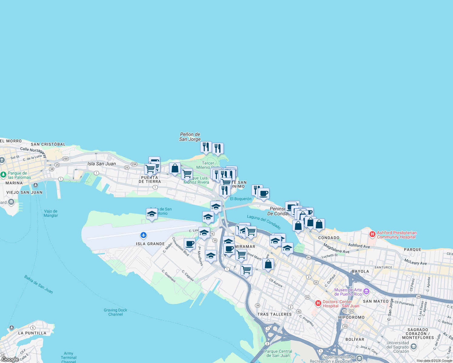 map of restaurants, bars, coffee shops, grocery stores, and more near in San Juan