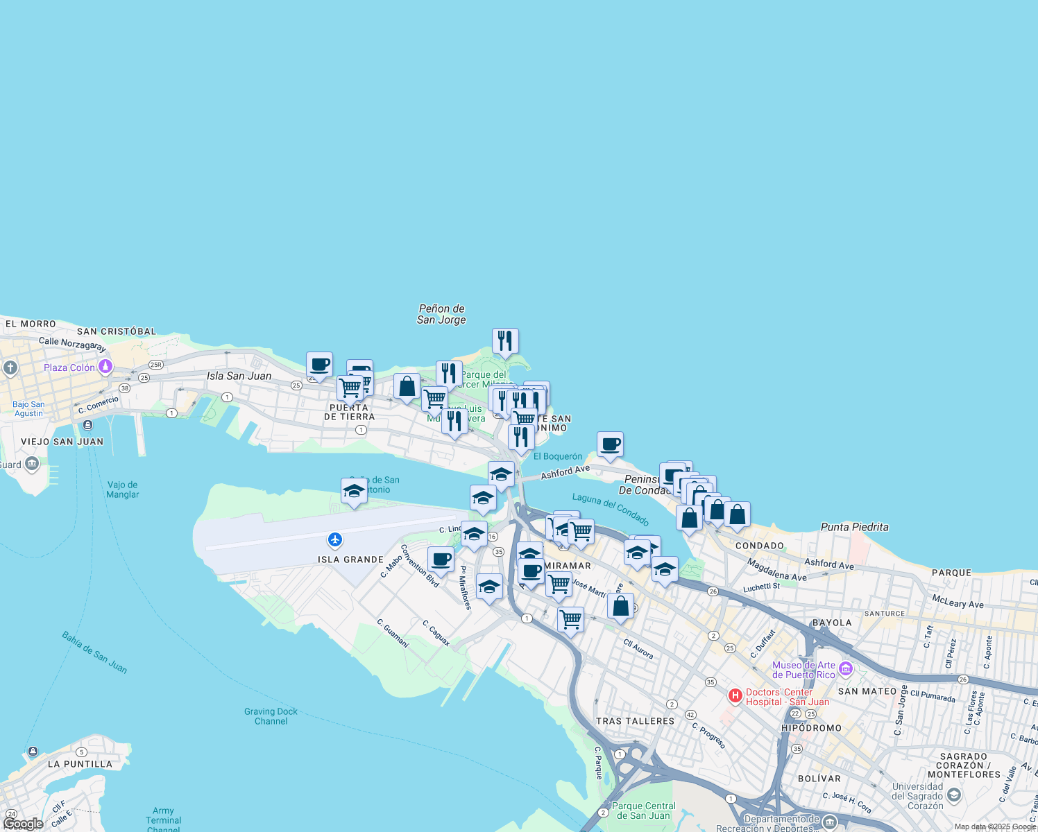 map of restaurants, bars, coffee shops, grocery stores, and more near Calle Los Rosales in San Juan