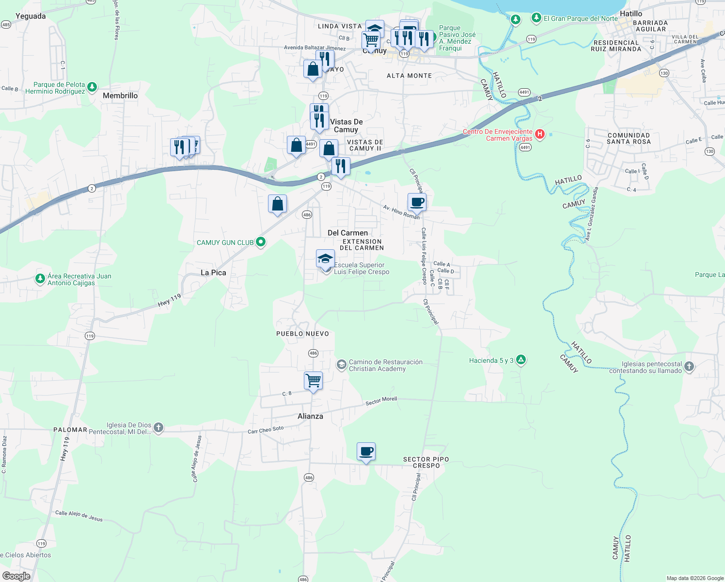 map of restaurants, bars, coffee shops, grocery stores, and more near in Puente