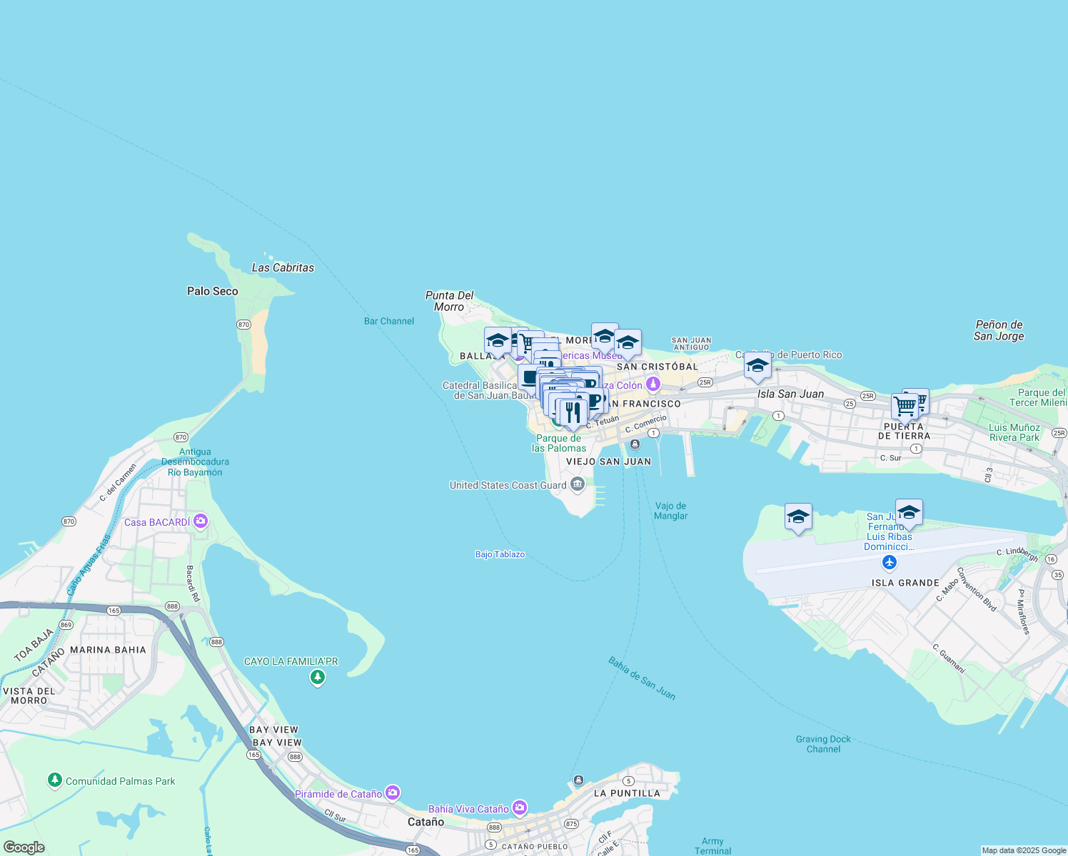 map of restaurants, bars, coffee shops, grocery stores, and more near 63 Calle Fortaleza in San Juan