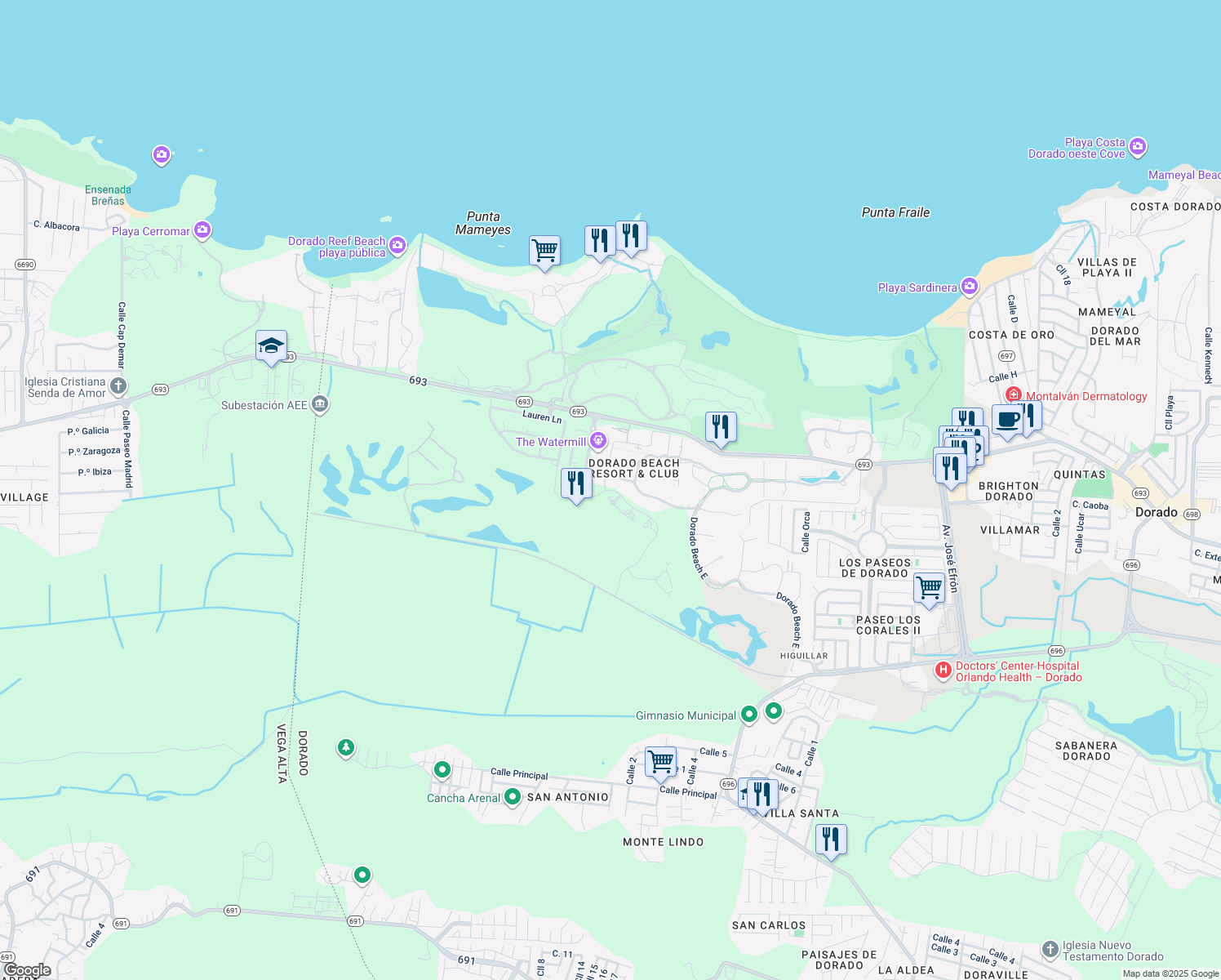 map of restaurants, bars, coffee shops, grocery stores, and more near Plantation Drive in Dorado