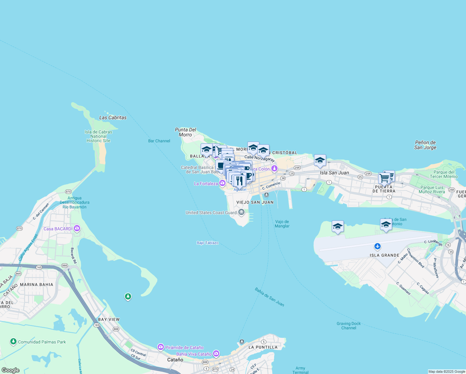 map of restaurants, bars, coffee shops, grocery stores, and more near 101-103 Paseo de la Princesa in San Juan