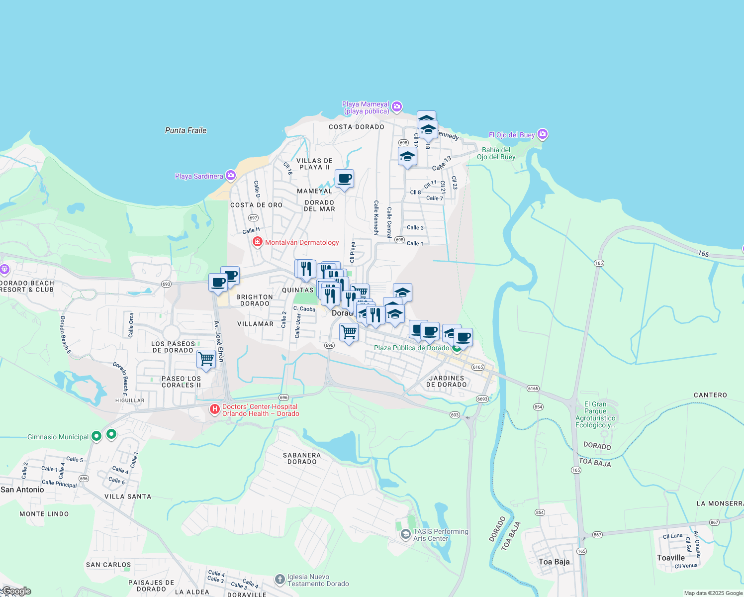 map of restaurants, bars, coffee shops, grocery stores, and more near KM 5 Puerto Rico 698 in Dorado