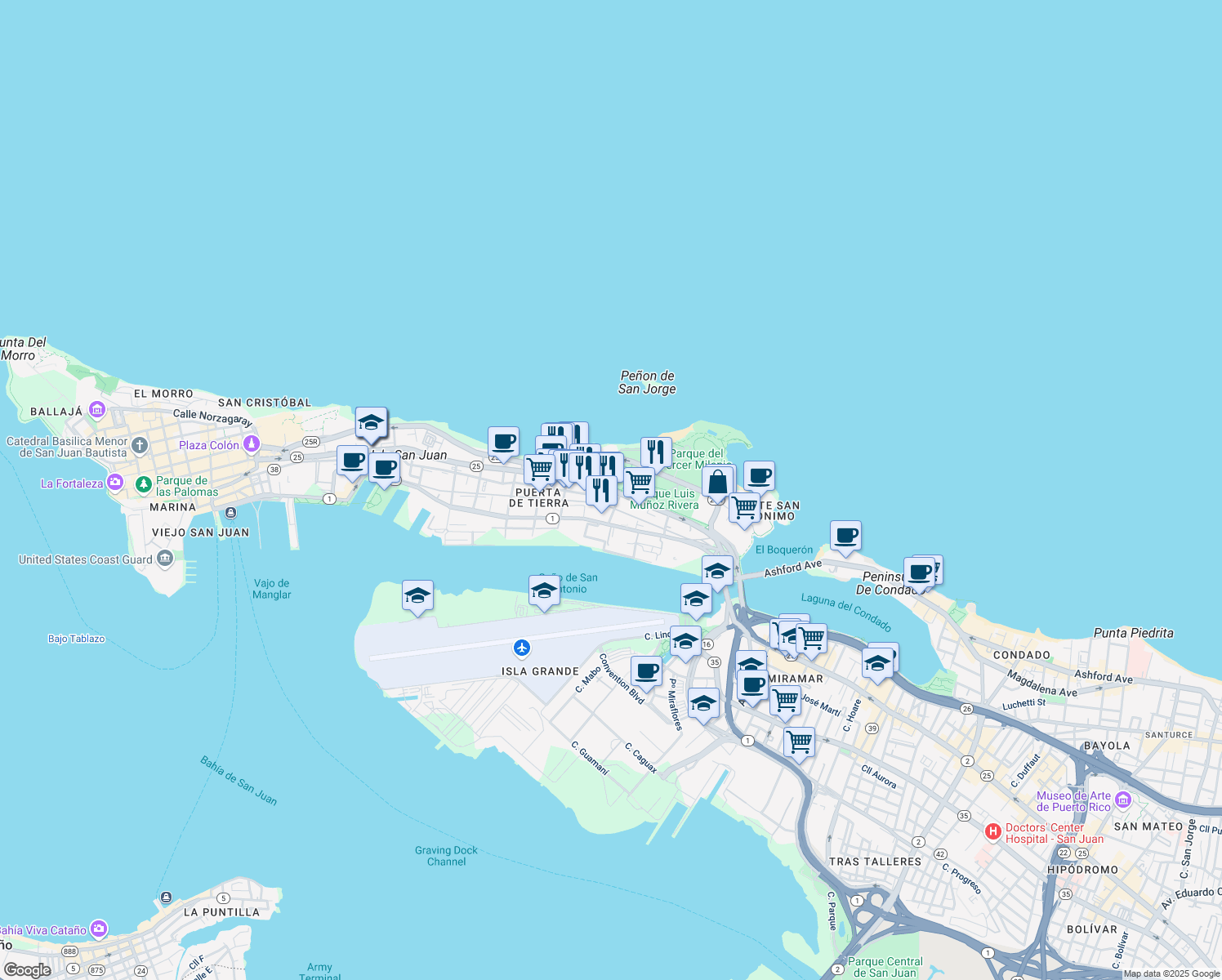 map of restaurants, bars, coffee shops, grocery stores, and more near Highway 25 in San Juan