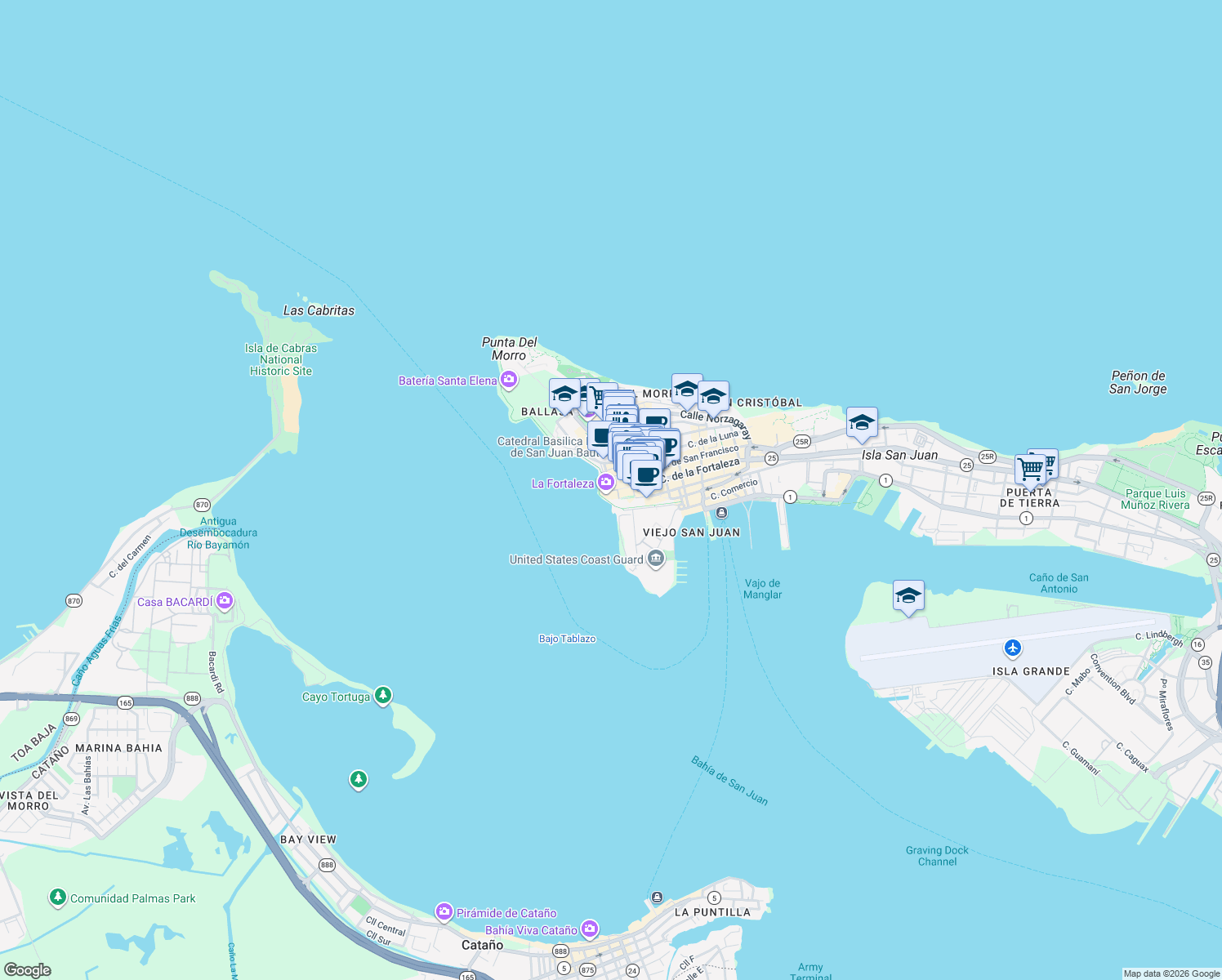 map of restaurants, bars, coffee shops, grocery stores, and more near 200c Calle del Cristo in San Juan