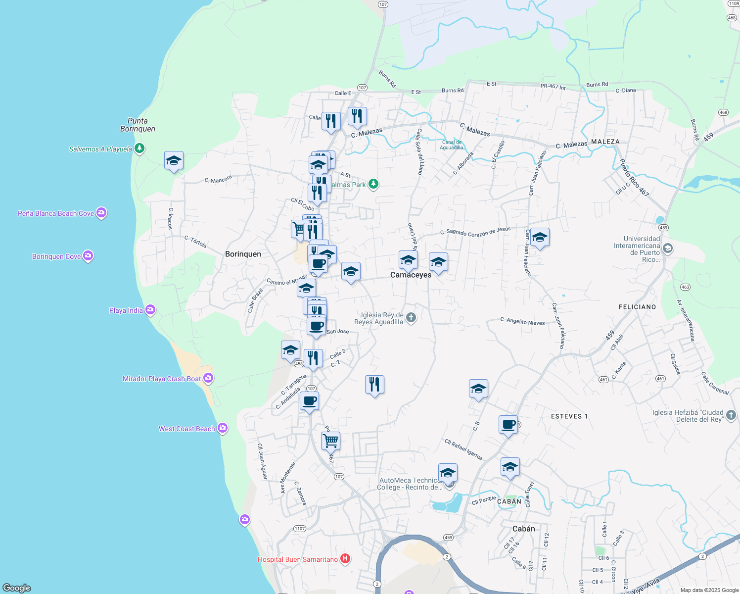 map of restaurants, bars, coffee shops, grocery stores, and more near PR-467 in Aguadilla
