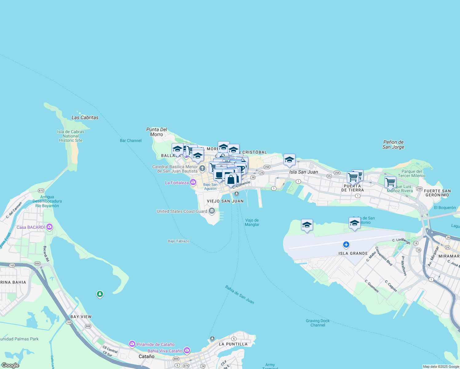 map of restaurants, bars, coffee shops, grocery stores, and more near in San Juan