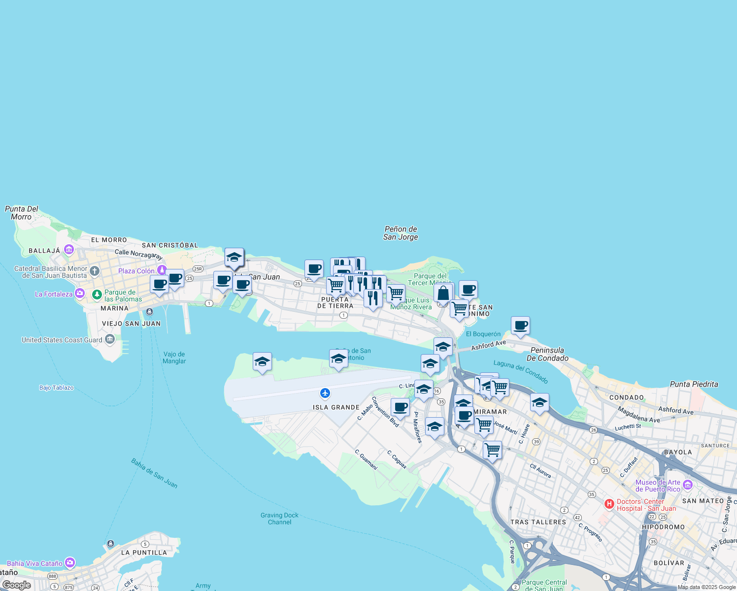 map of restaurants, bars, coffee shops, grocery stores, and more near in San Juan