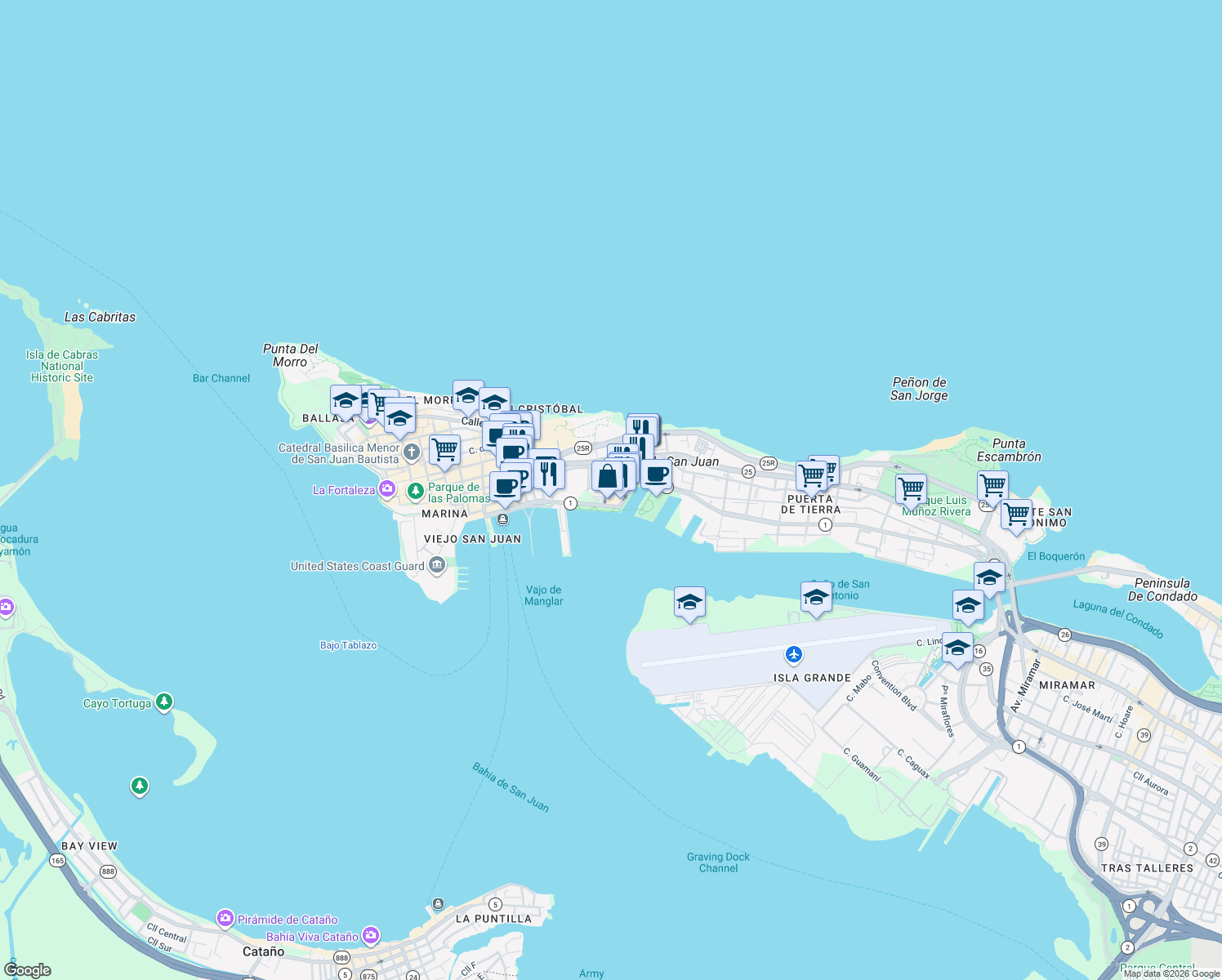 map of restaurants, bars, coffee shops, grocery stores, and more near 100 Calle del Muelle in San Juan